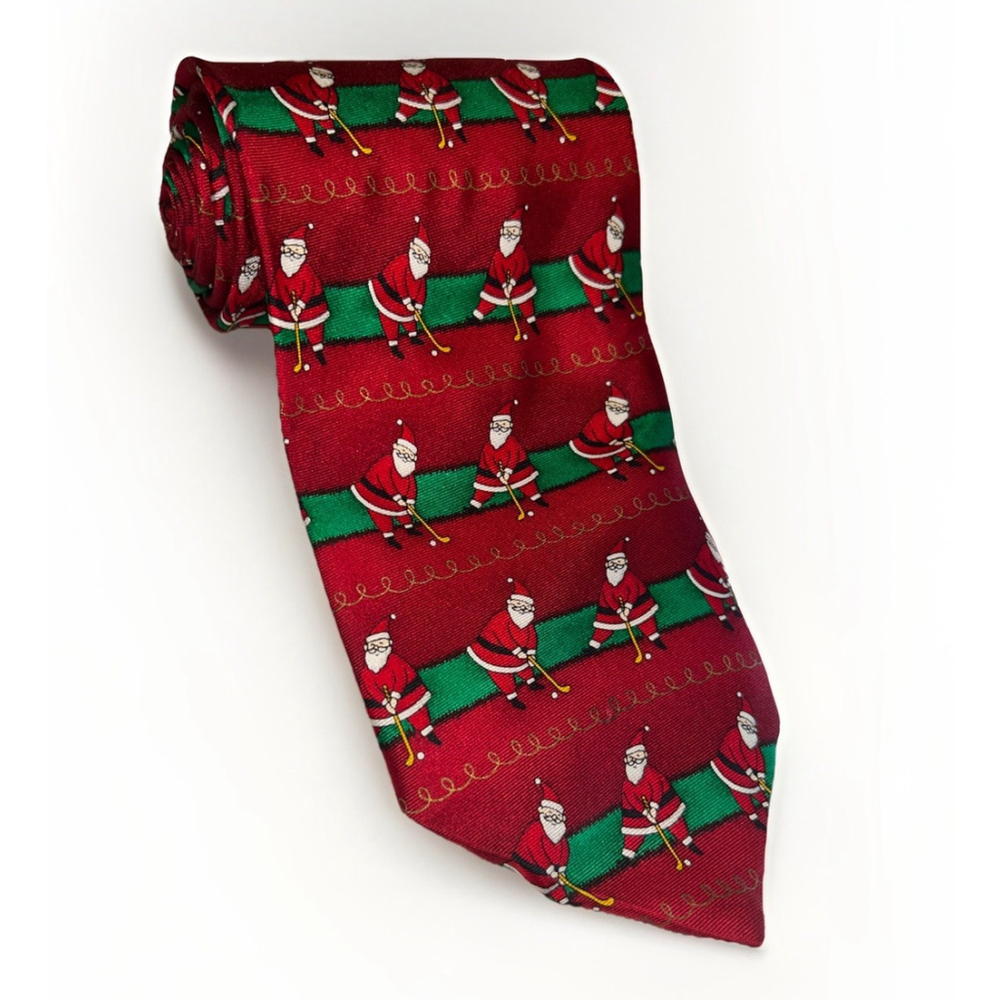 Santa Golfing Red Silk Tie Holiday Traditions Christmas Tie